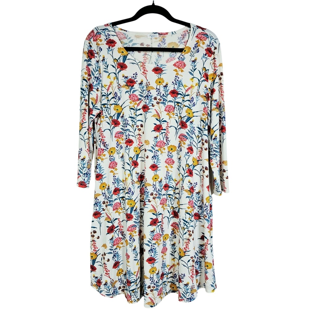 Mountain Mamas White Floral Pocket Dress Tunic XL/1X Cottagecore Boho Stretch